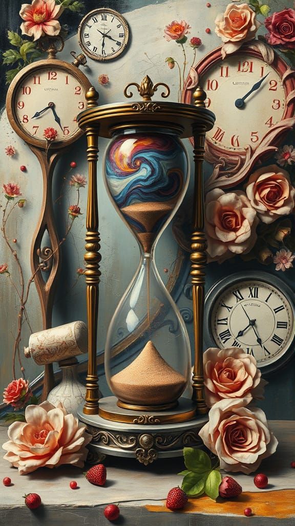 Surrealist Still Life with Melting Clocks and Swirling Color...