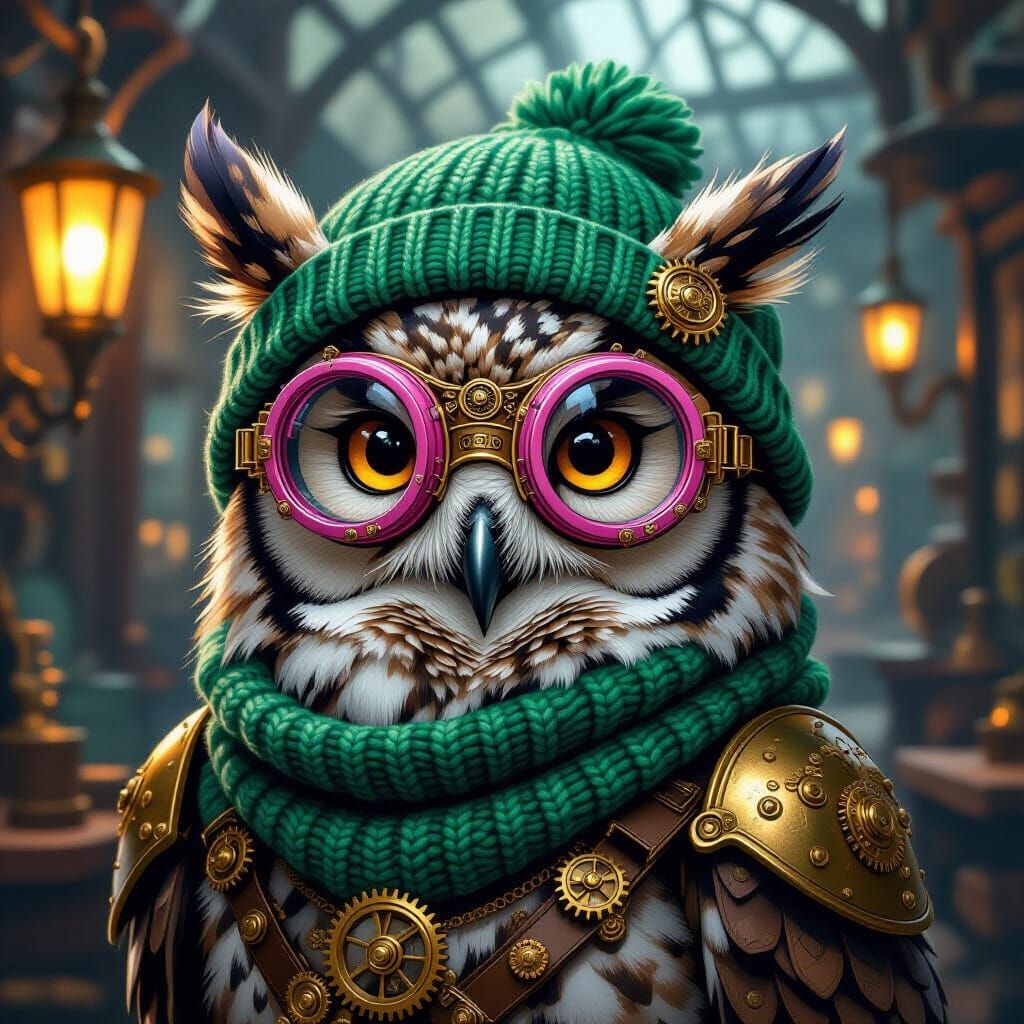 Steampunk Owl with Pink Goggles and Green Hat