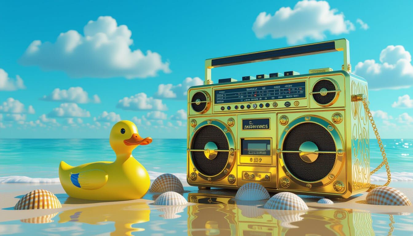 Golden Boombox on Beach in Art Nouveau Style