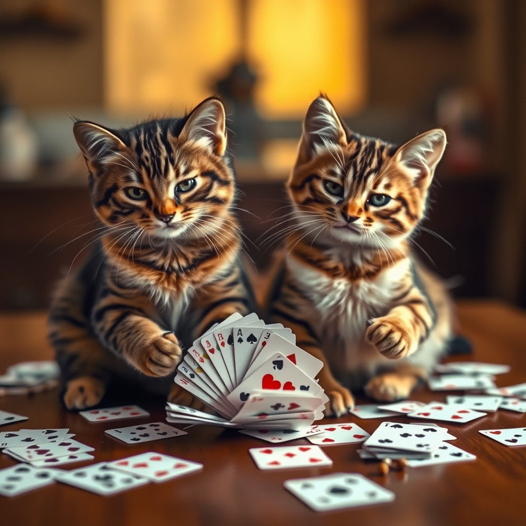 Playful Cats Plotting Mischief With Playing Cards
