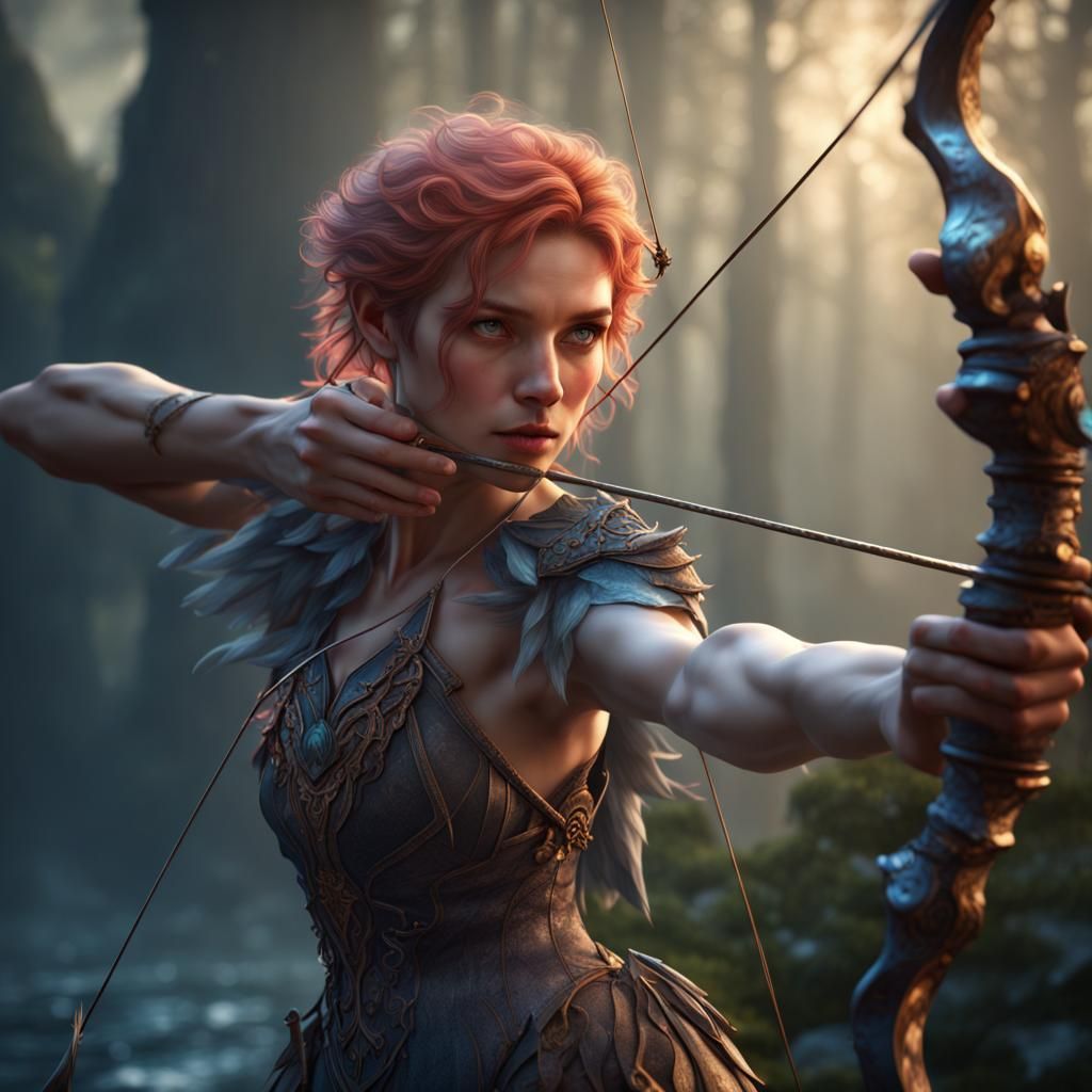 Fantasy Archer About to Shoot a Fairy