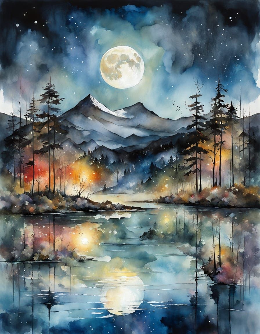 Moonlit Lake Reflected, Watercolor and Alcohol Ink