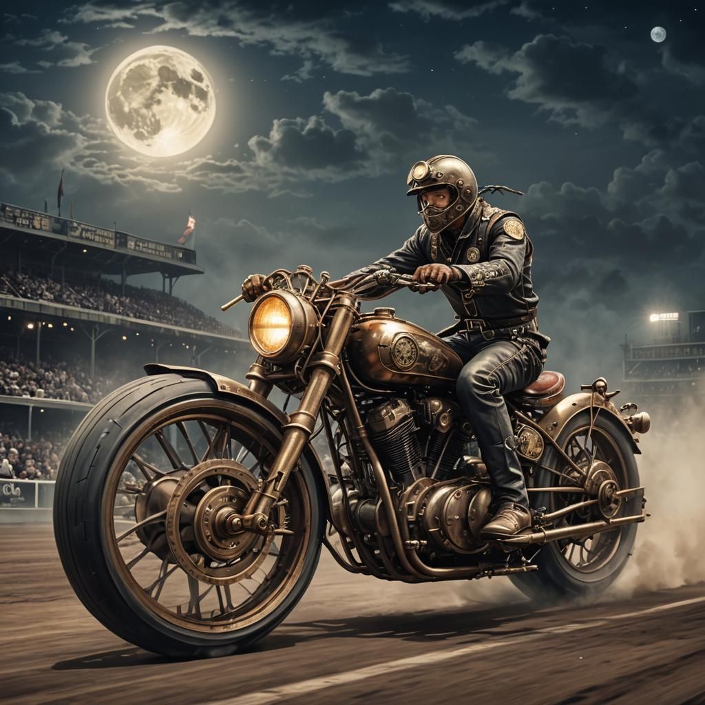 Steampunk Motorcycle Races Under Moonlight