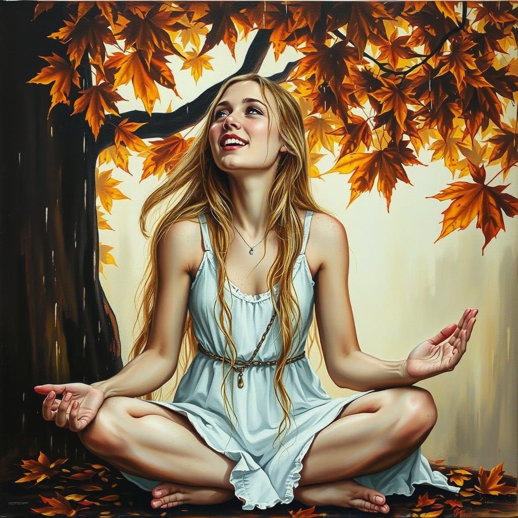 Rain Goddess in Autumn, Oil and Ink Splatter Style