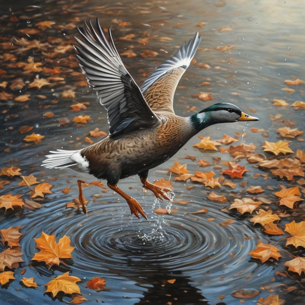 Waterfowl Bird's Autumn Leap: Hyperdetailed Charcoal Drawing