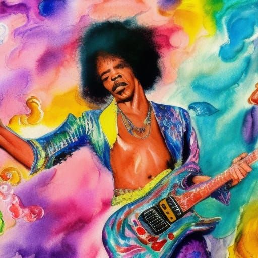 Jimi Hendrix Merman in Underwater Gouache Art