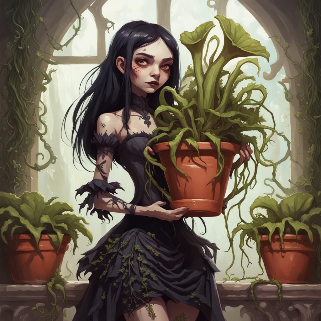 Goth Witch Portrait with Carnivorous Plant Vines