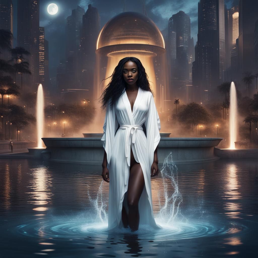 Dark Skinned Woman Emerges in Futuristic City