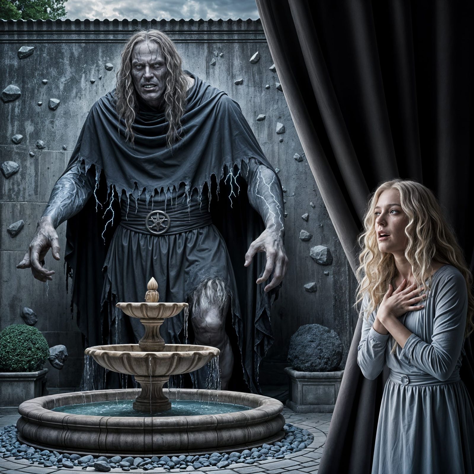 Menacing Giant in Shadowy Courtyard