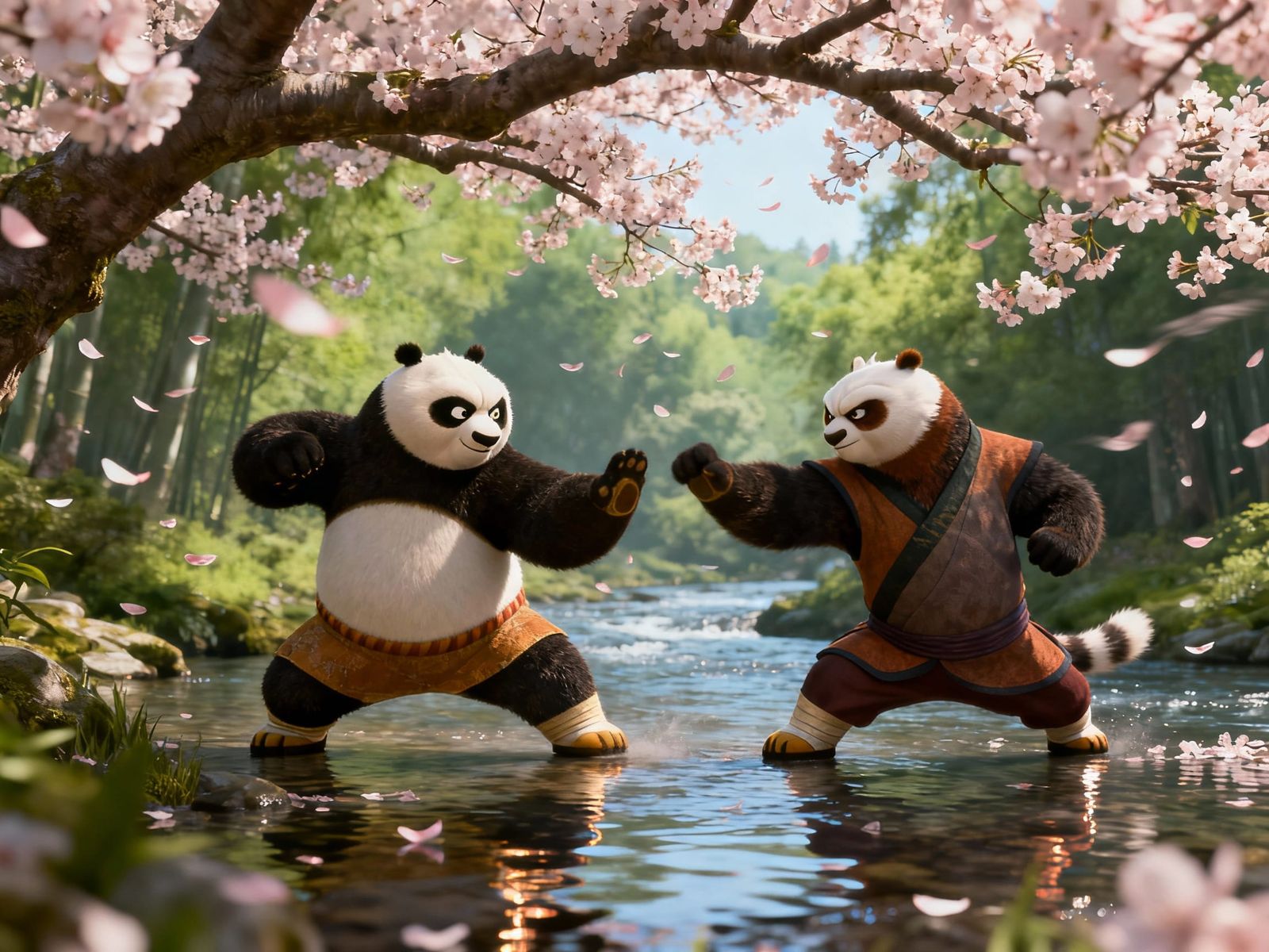 Cute Kung Fu Panda Characters Fighting in Cherry Blossom For...