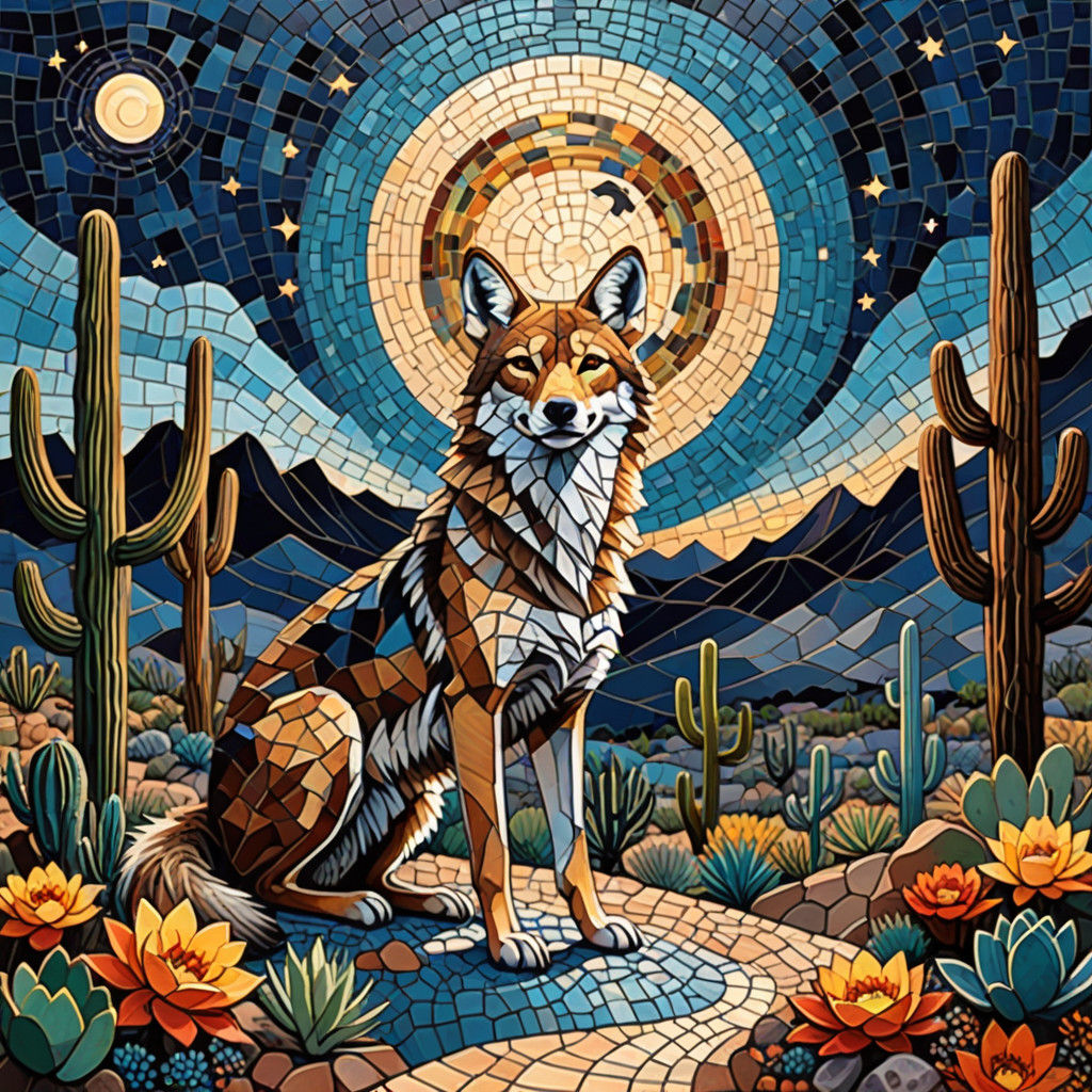 Serene Desert Moonlit Scene in Vibrant Mosaic Art