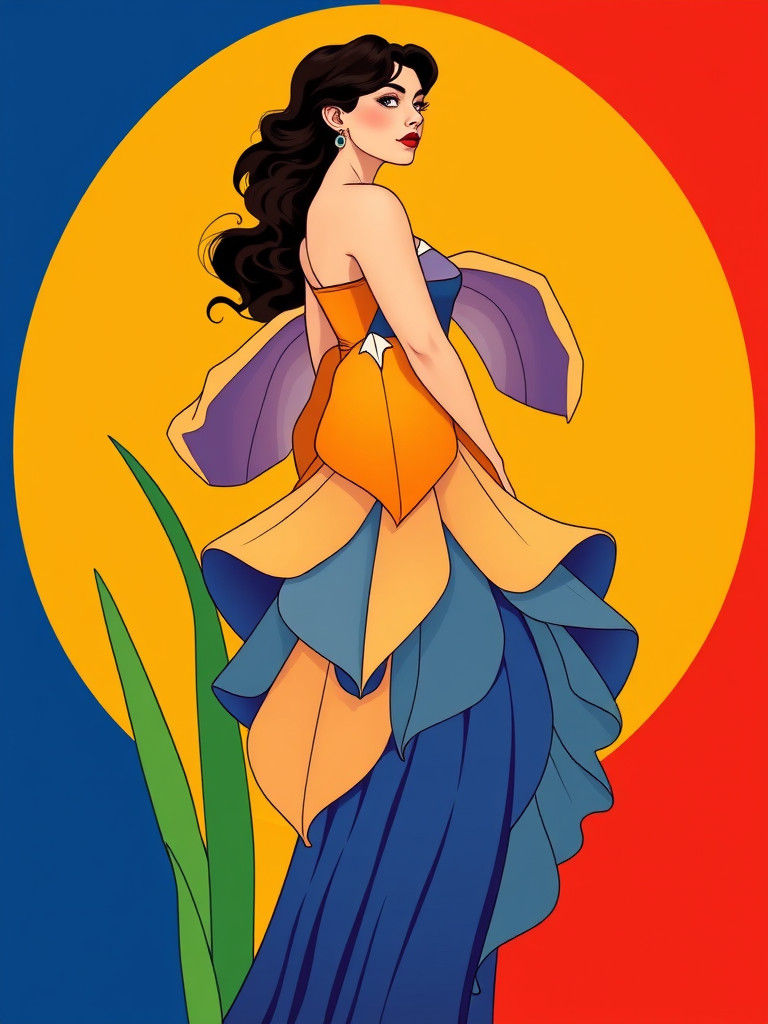 Woman in Upside-Down Iris Dress: Art Nouveau Illustration