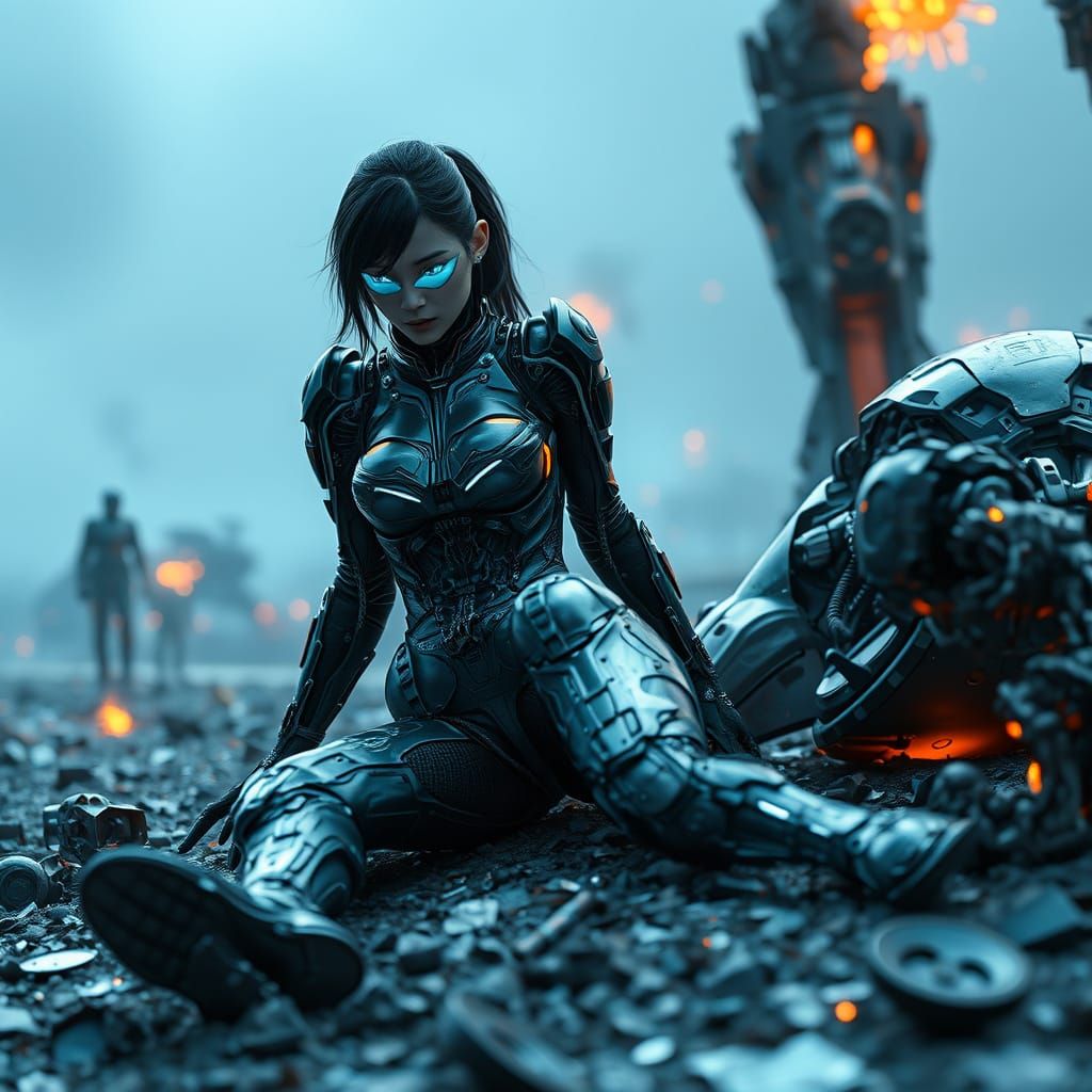 Cyberpunk Warrior Defeated on a Dystopian Battlefield