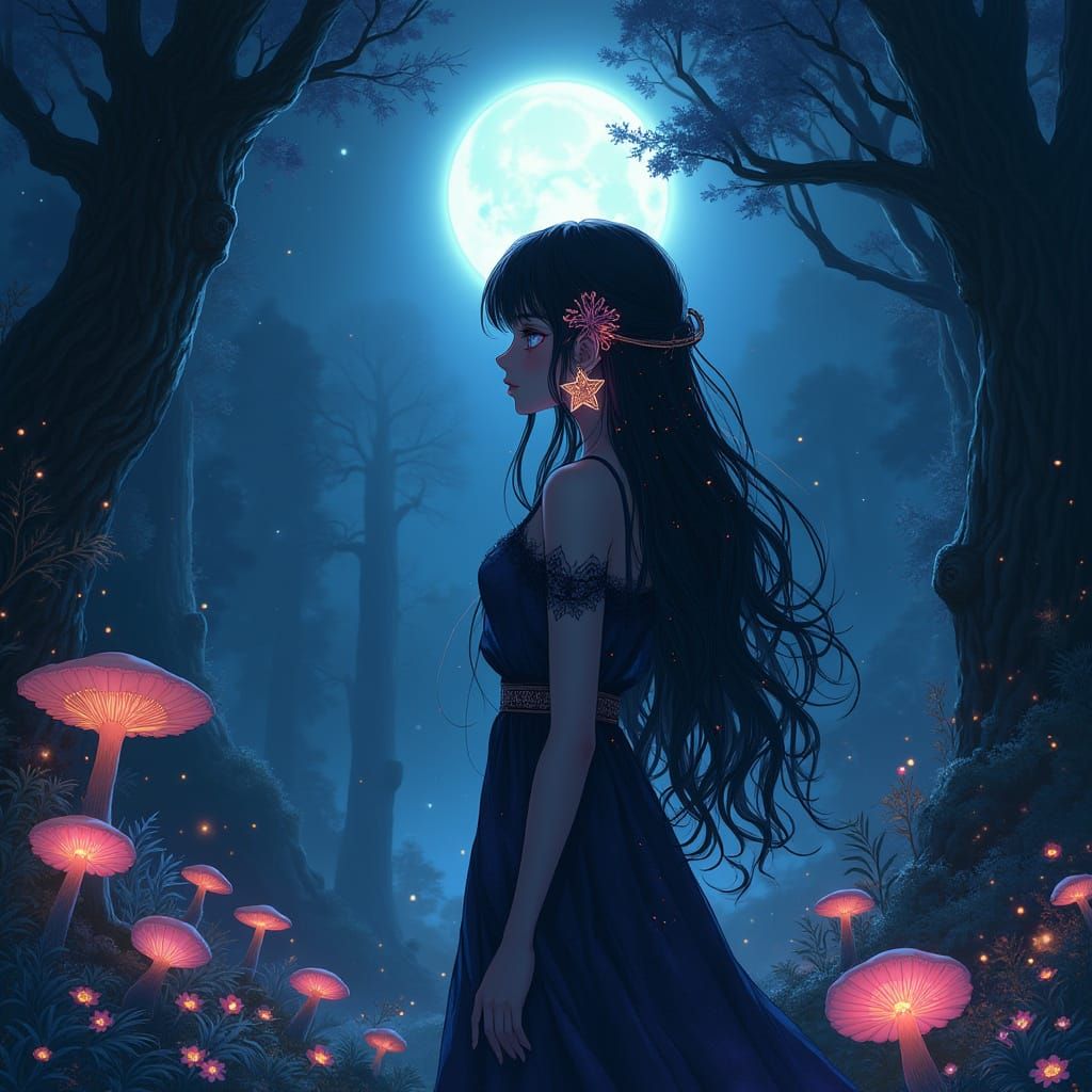 Ethereal Anime Goddess in Moonlit Forest