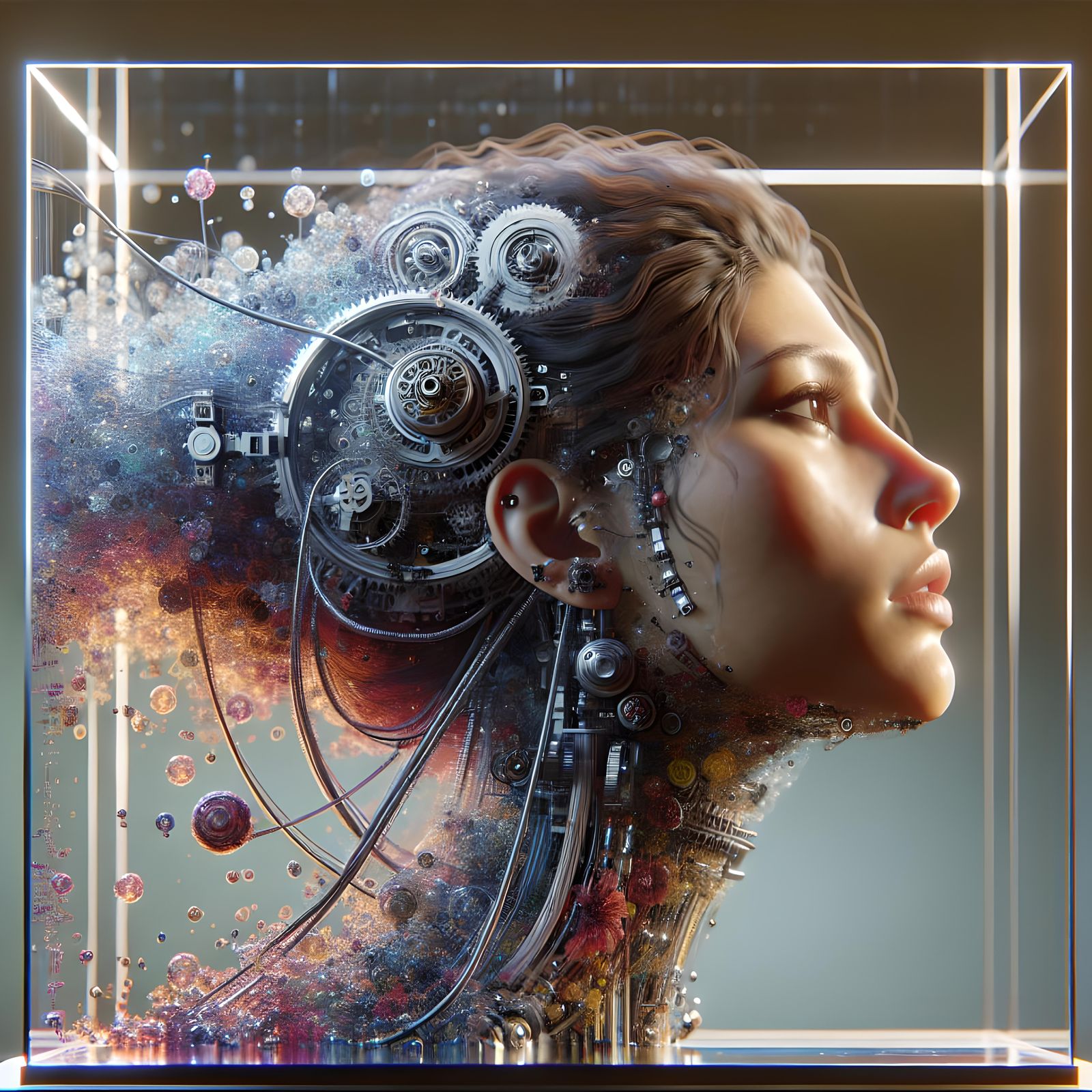 Hispanic Woman Connected to Machine in Detailed Splash Art