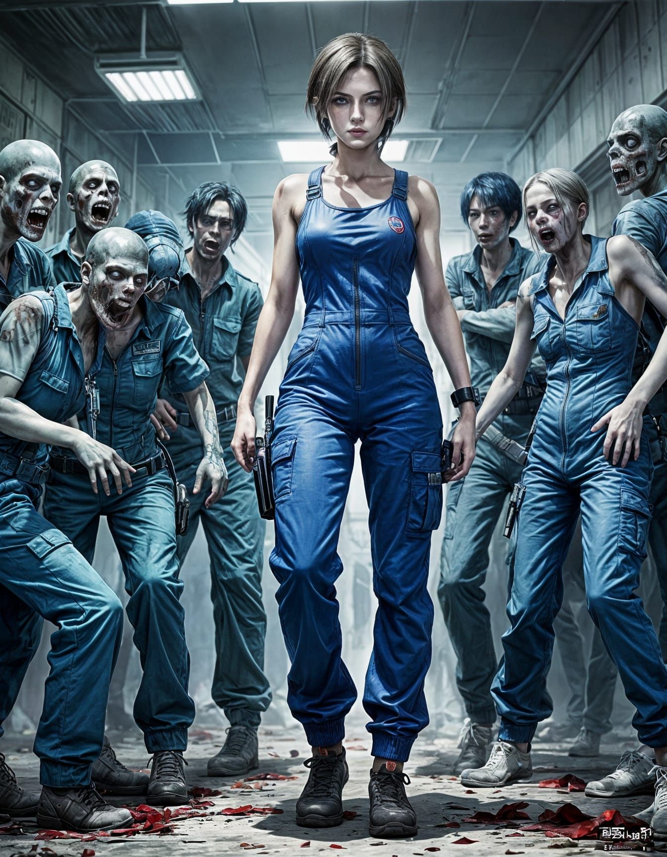 Jill Valentine Surrounded by Zombies in Anime Style