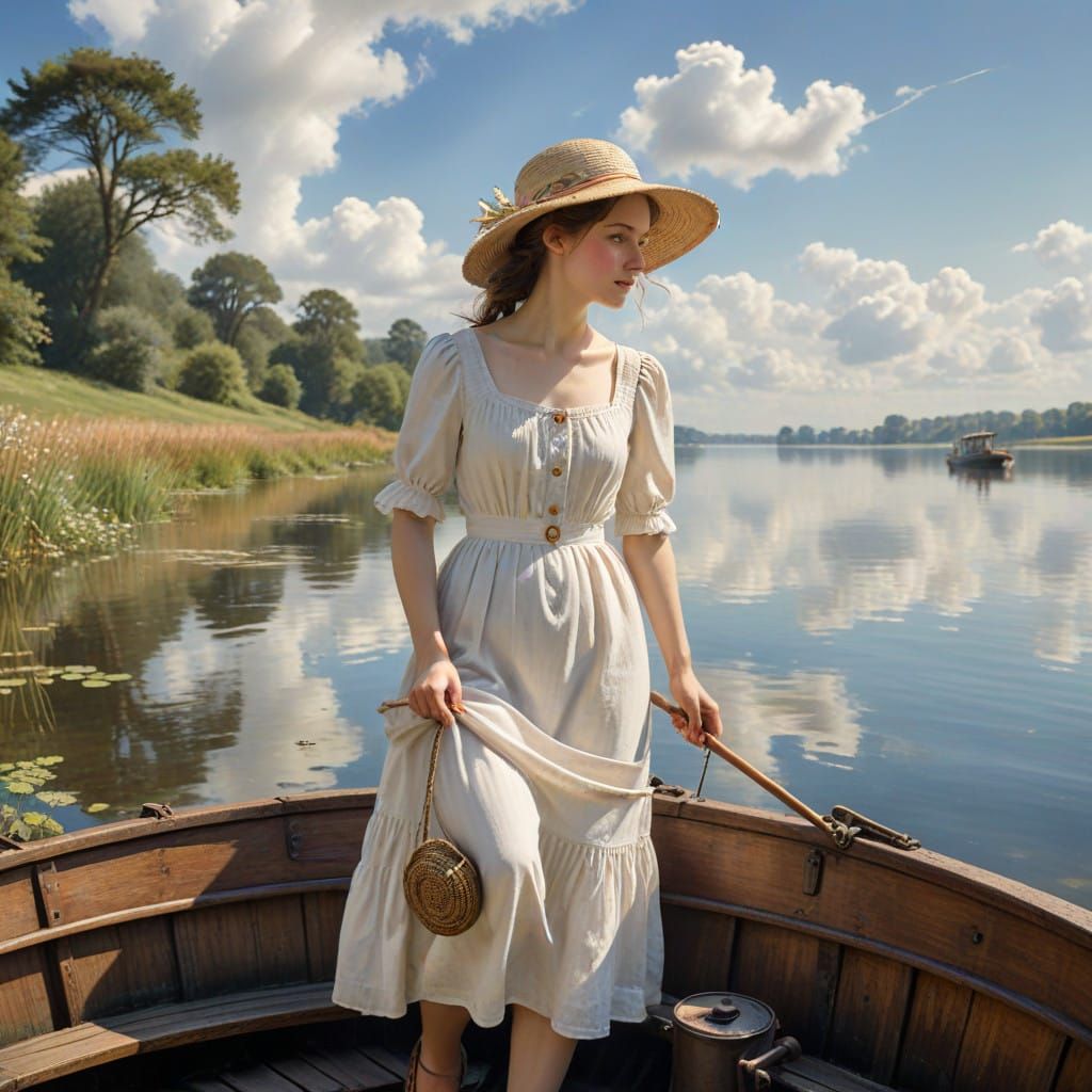 Serene Woman Fishing on Vintage Motorboat in Soft Focus