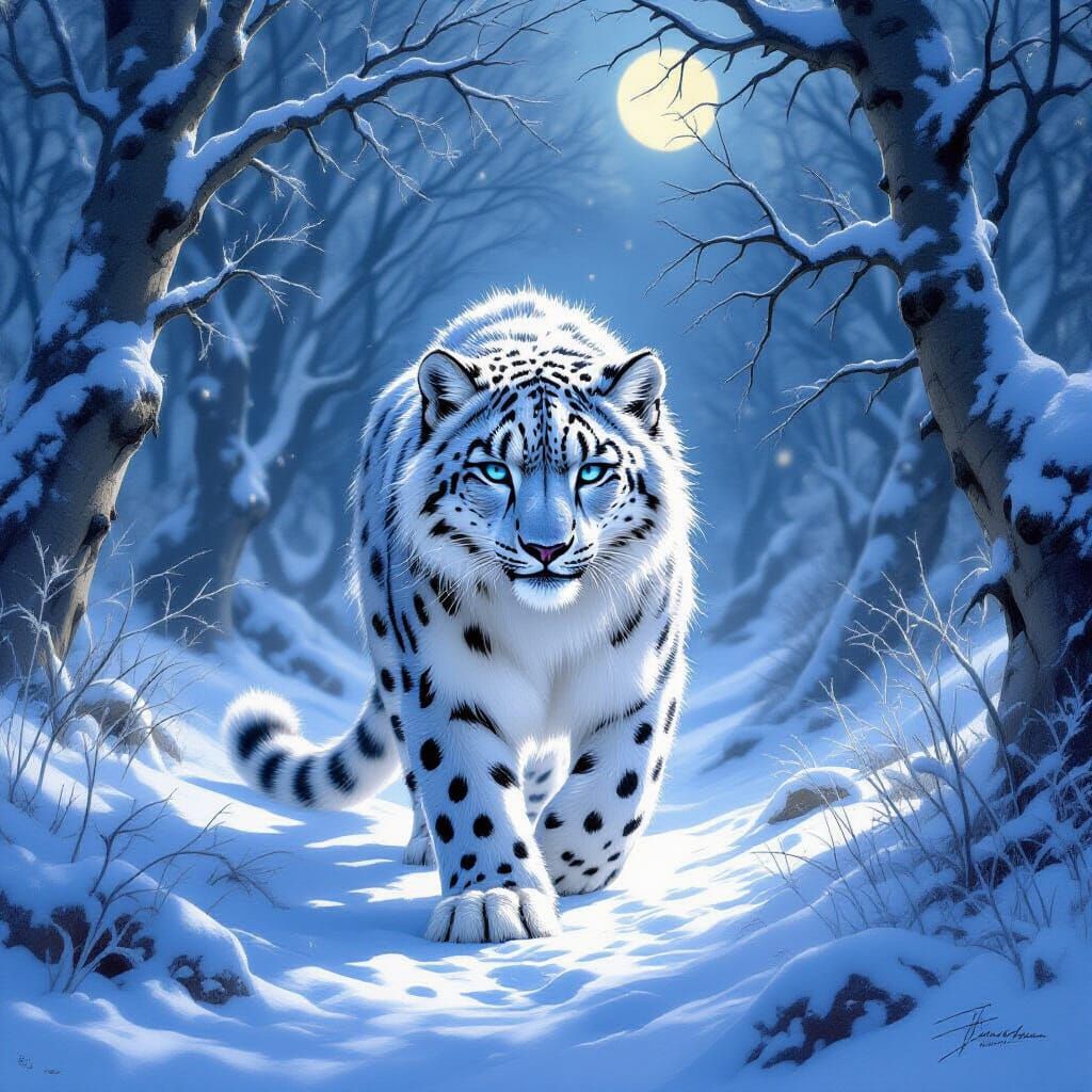Moonlit Snow Leopard in Fantasy Forest