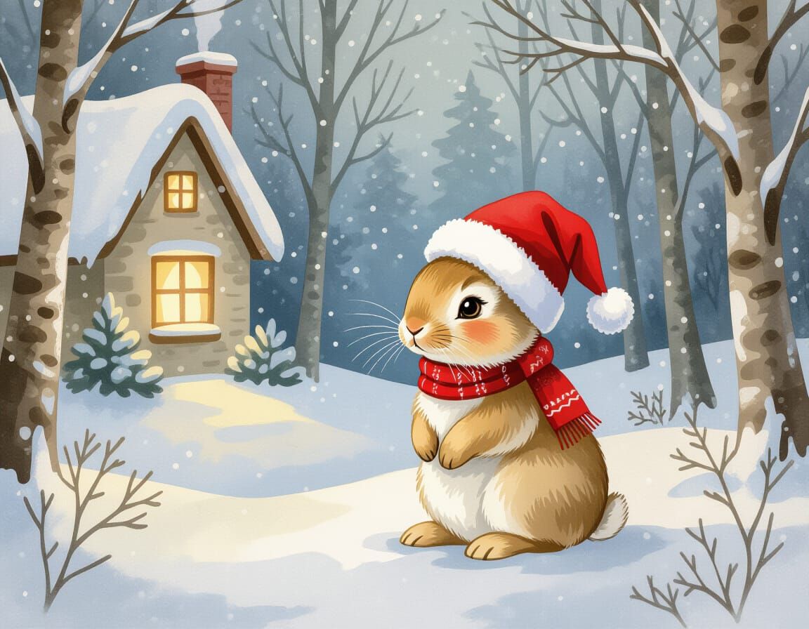 Cute Rabbit in Snowy Forest Christmas Card Illustration