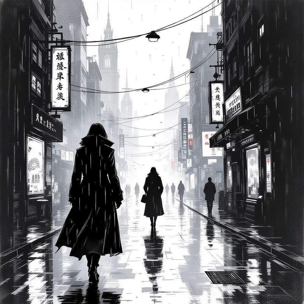 Cyberpunk Woman in Rainy Street, Film Noir Style