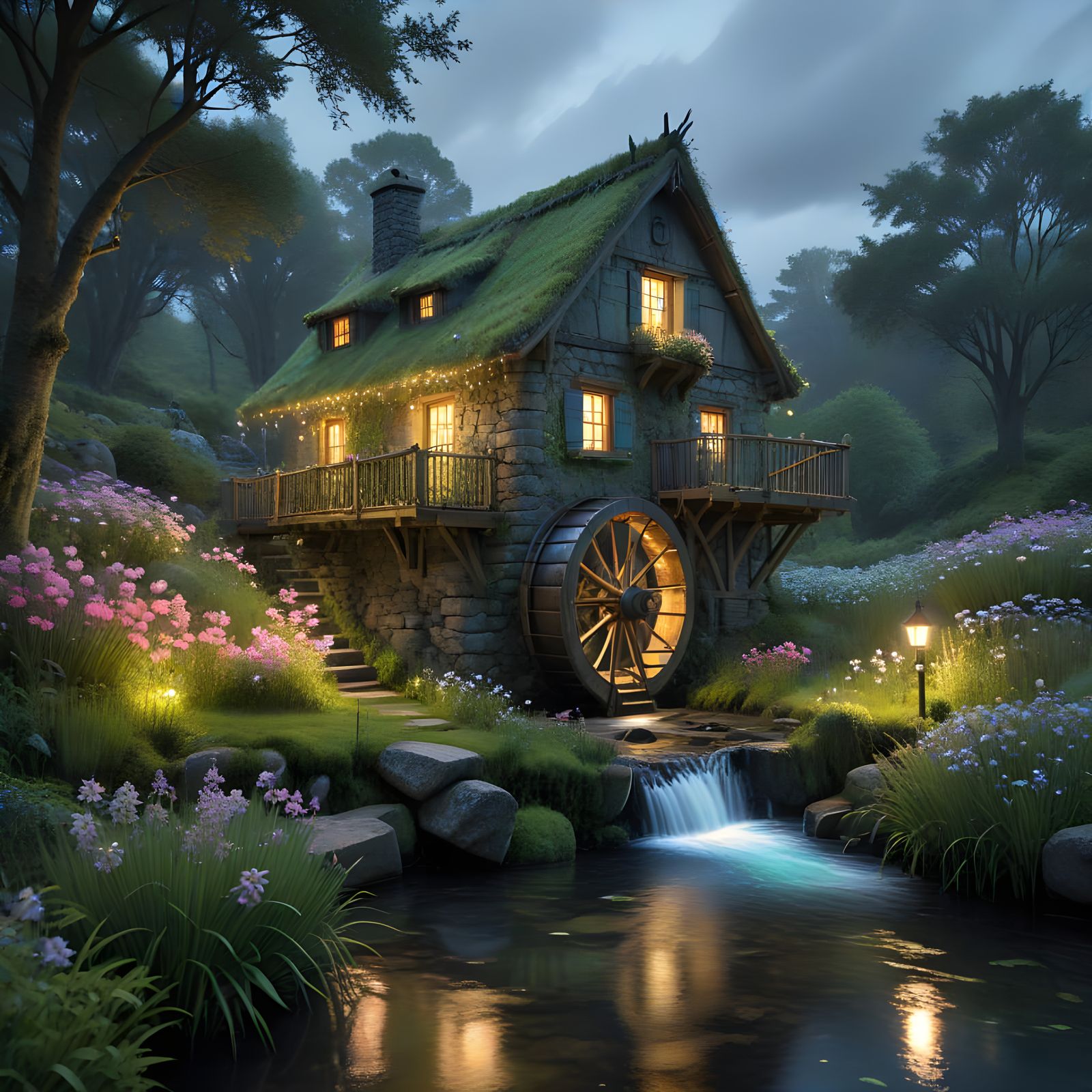 Whimsical Waterwheel Scene in a Mystical Forest