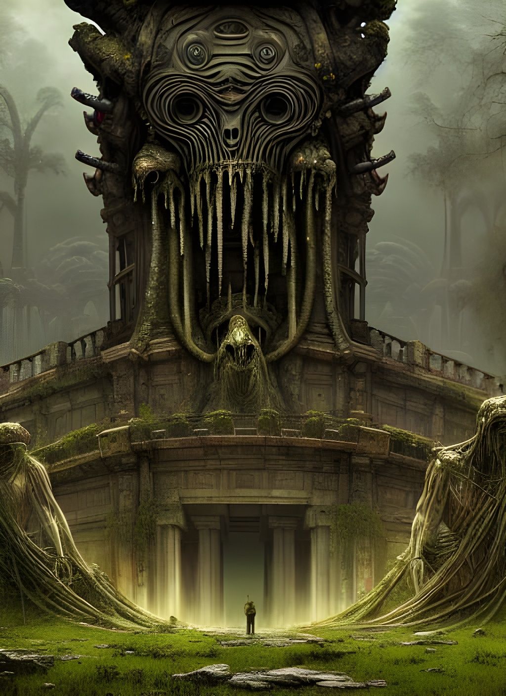 Overgrown Alien Temple Ruins in Biomechanical Style