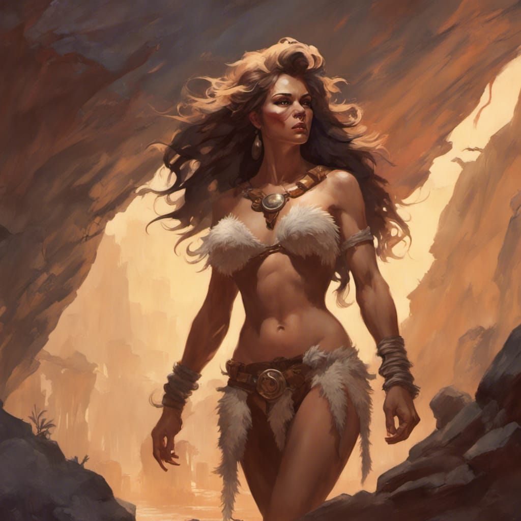 Romantic Cavewoman Portrait in Frazetta Style
