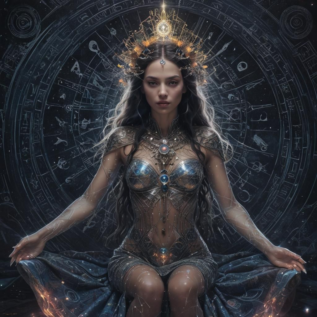 Mystical Feminine Figure Amidst Astral Tarot Symbols