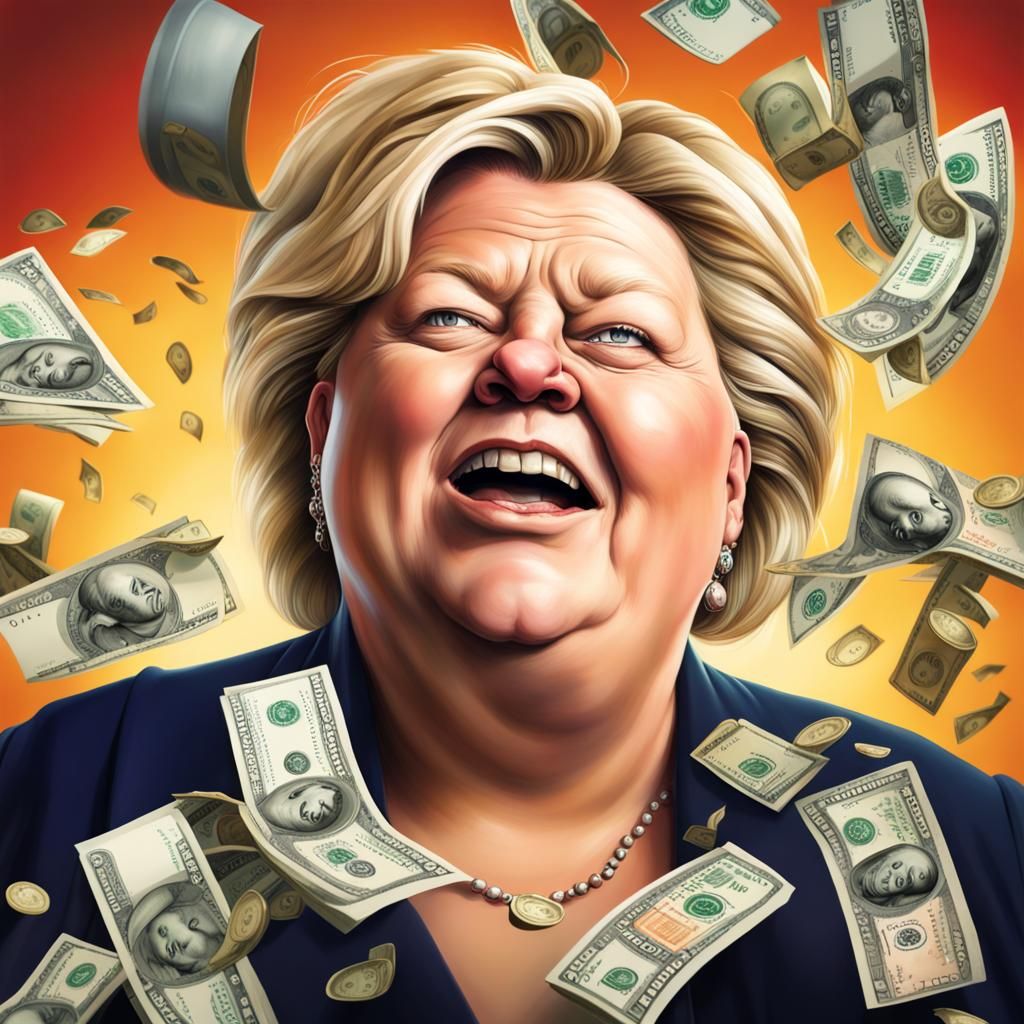 Erna Solberg Caricature Rolling in Money