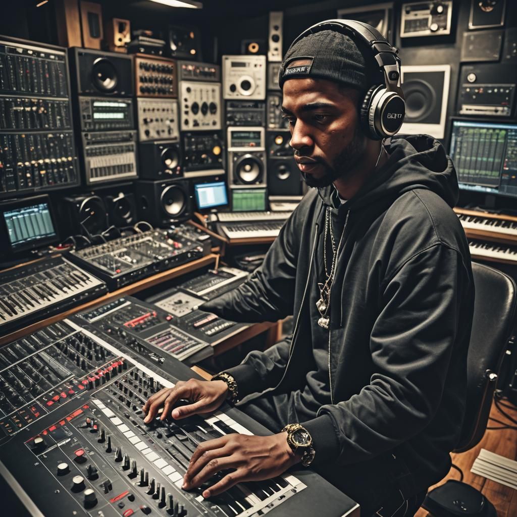 Hyperrealistic Hip Hop Producer in Studio