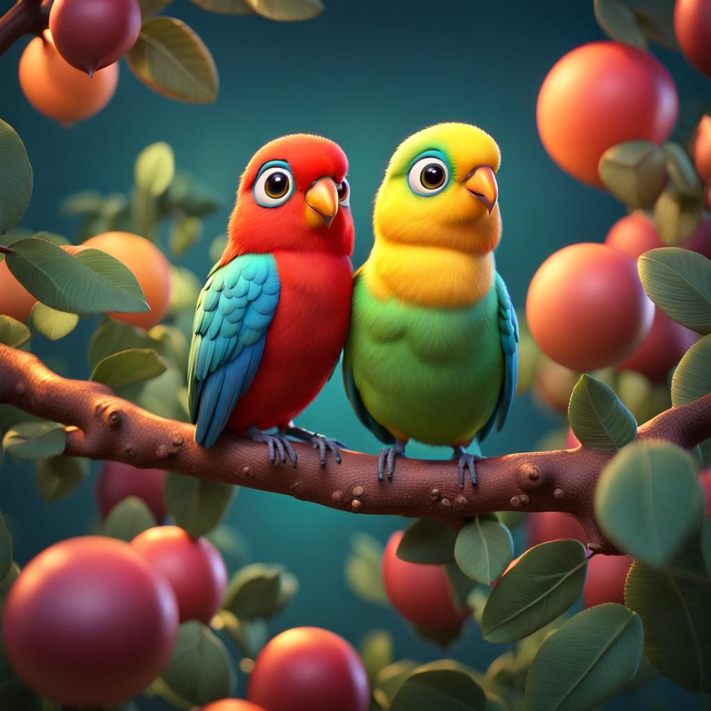 Adorable Lovebirds in 3D Digital Art Style