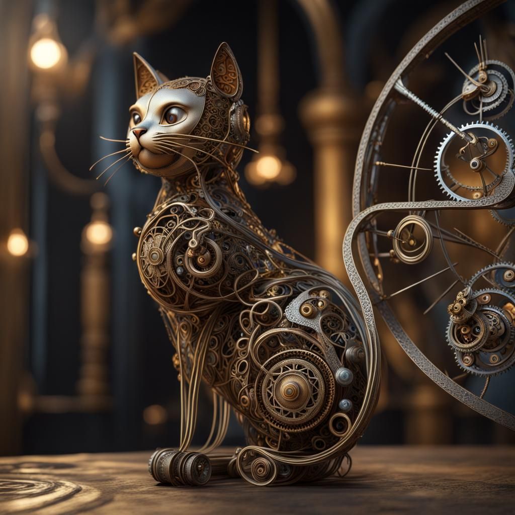 Steampunk Cat Sculpture in Clockwork Style