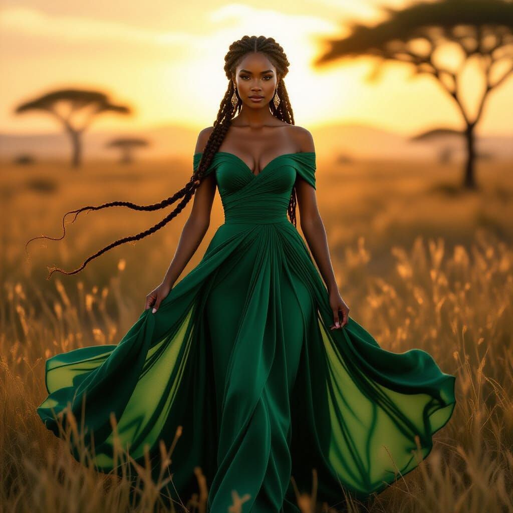 Majestic Woman in Emerald Gown on African Savanna