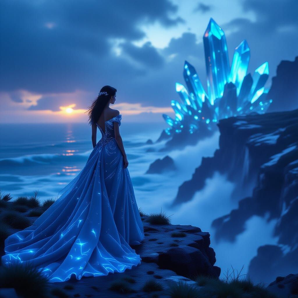 A lone, elegantly dressed woman stands on a windswept cliff ...