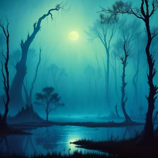 Fireflies over Moonlit Swamp in Gothic Horror Style