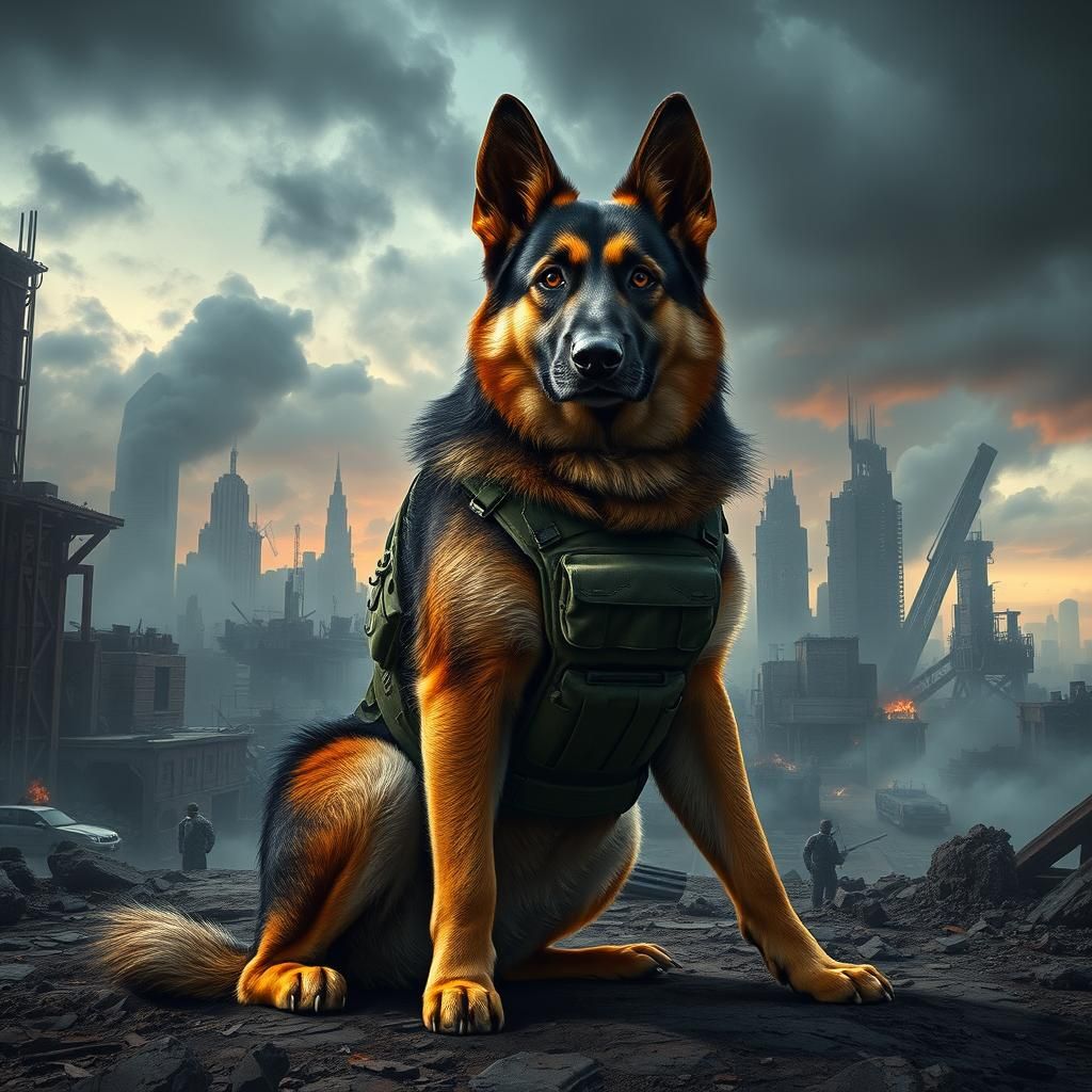 German Shepherd Soldier Salutes in War-Torn Cityscape