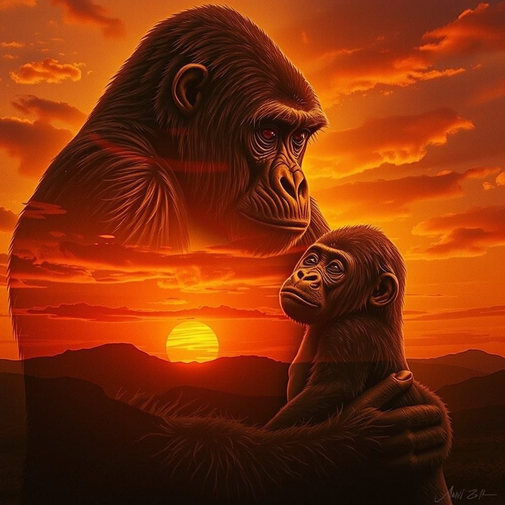Gorilla with Baby in Sunset Double Exposure