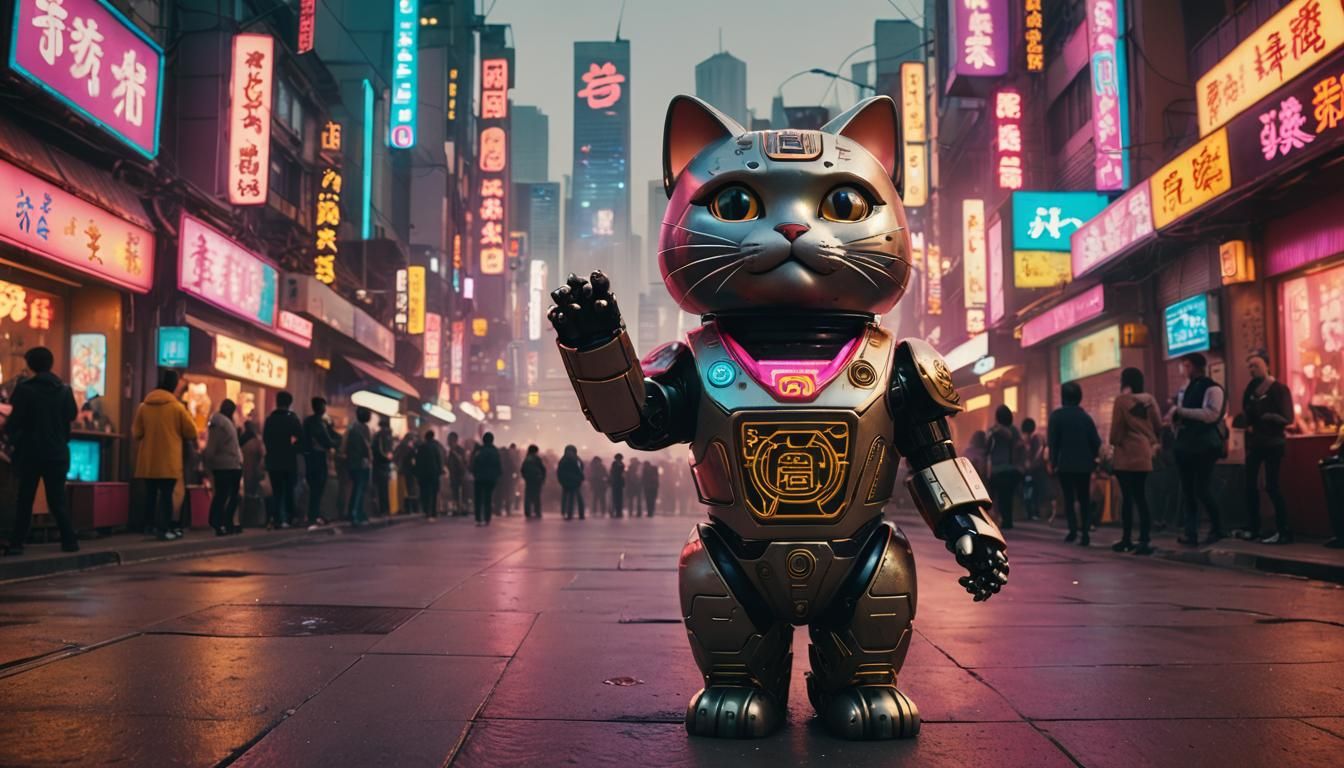 Cyberpunk Robot Cat in Dystopian Cityscape