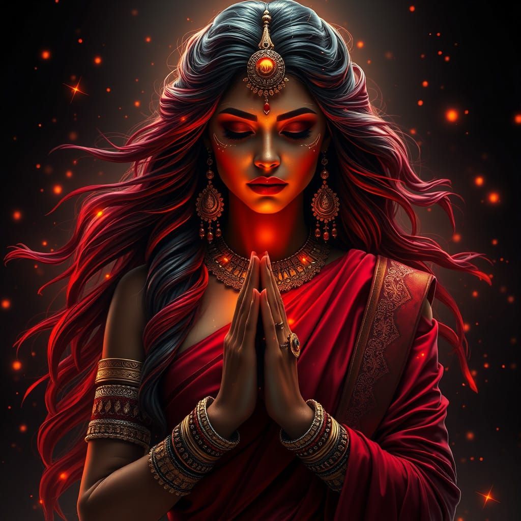 Mystical Indian Woman in Cyberpunk Namaste Pose