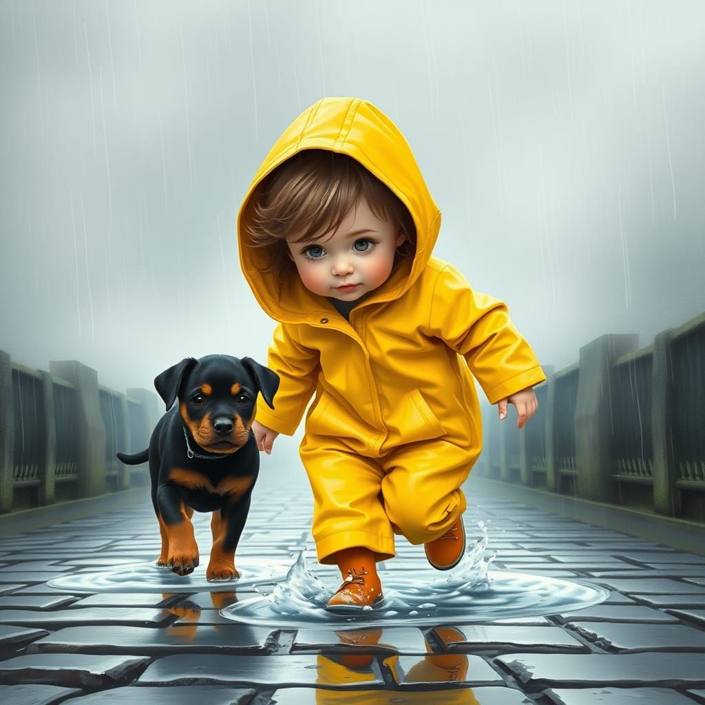 Cherubic Girl Frolics in Whimsical Rainy Scene