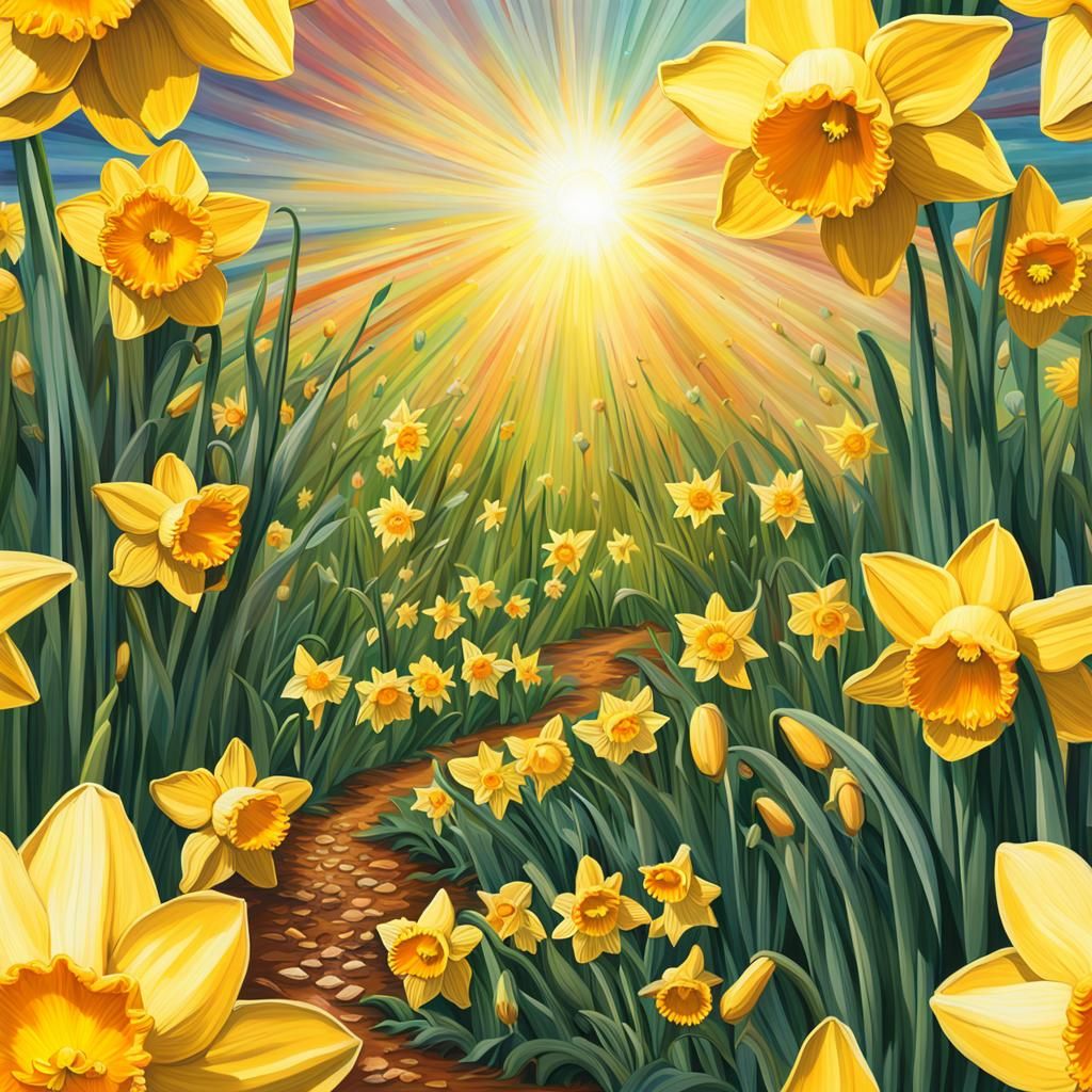 Hyperrealistic Smiling Sun Over Daffodil Field