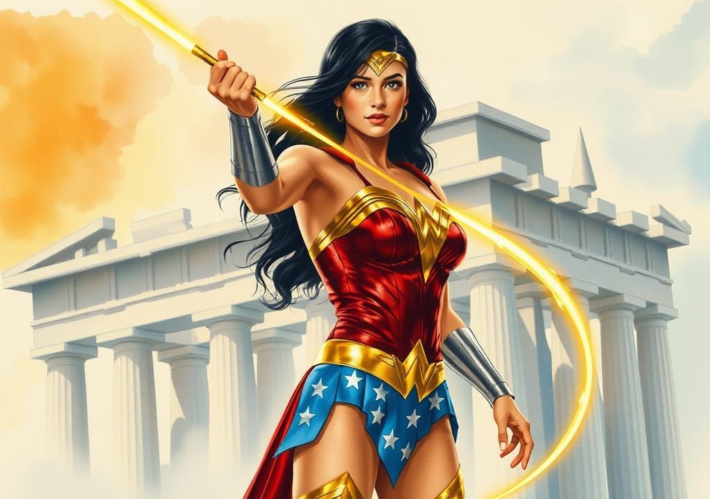 Wonder Woman at the Acropolis in Watercolor Style