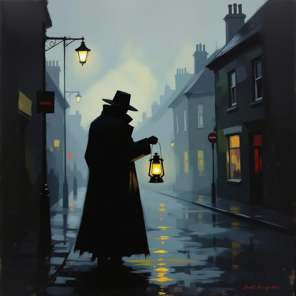 Dark Figure Holding Glowing Lantern in Deserted Street