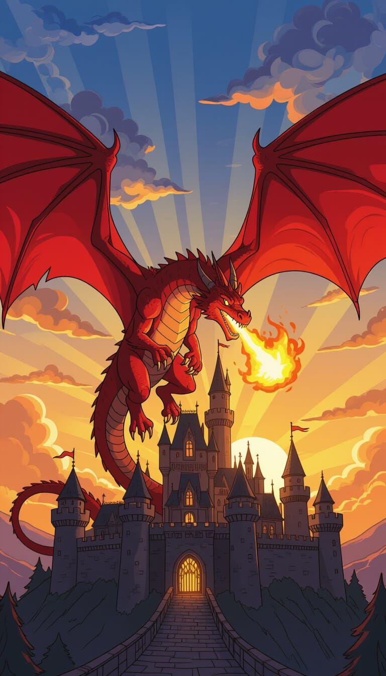 Massive Red Dragon Over Castle at Sunset