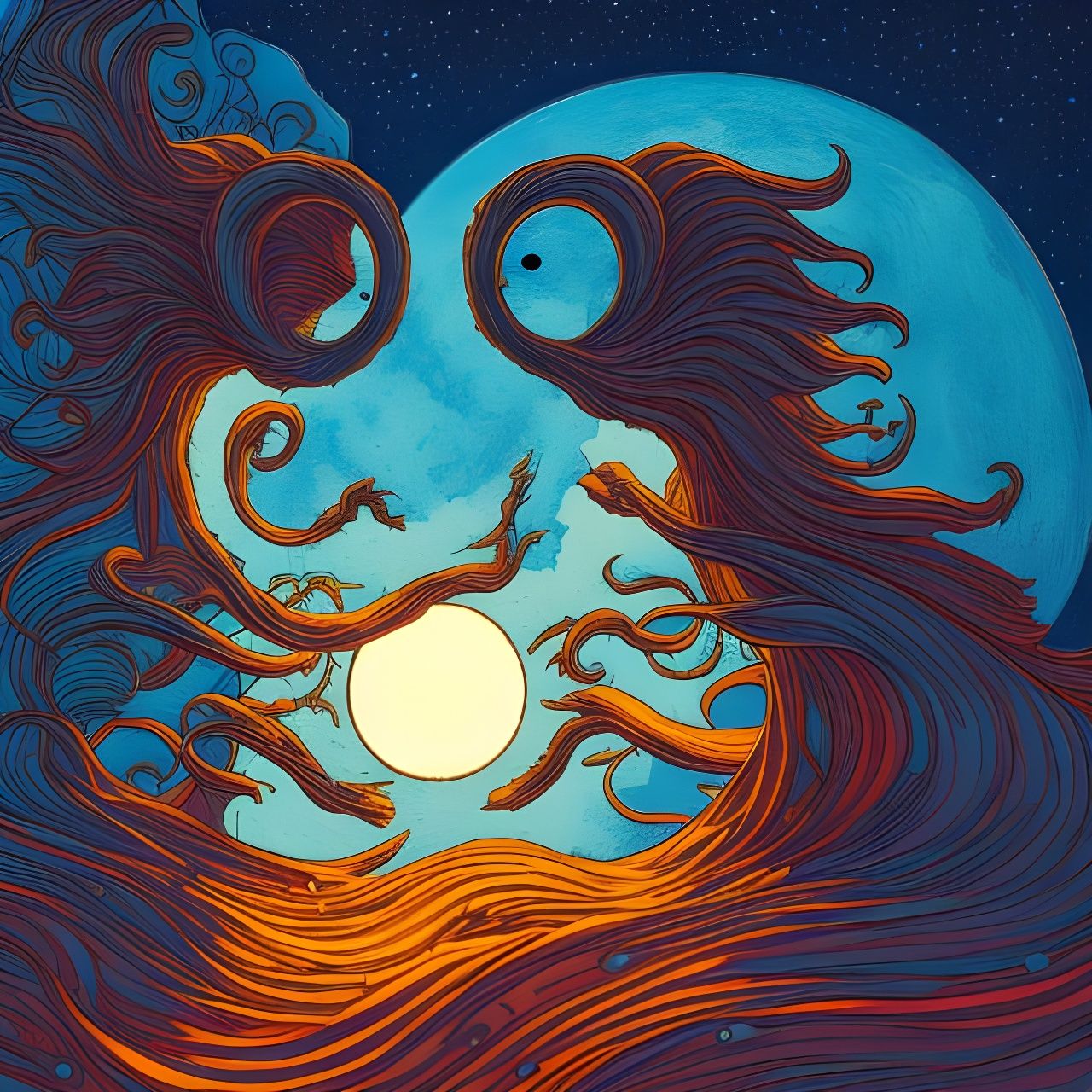 Surreal Sun and Moon Landscape in Japanese Art Style