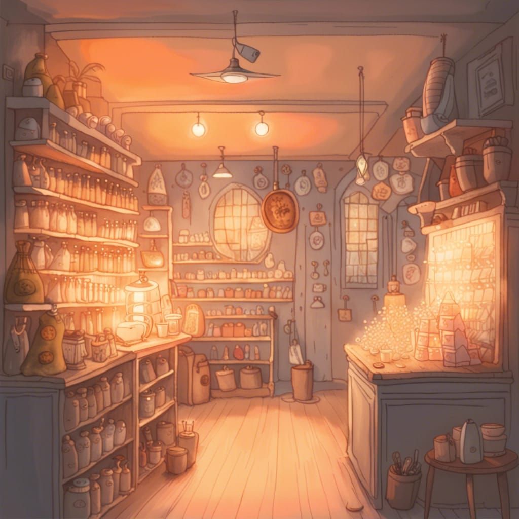 Cozy Magic Shop Interior in Watercolor Style