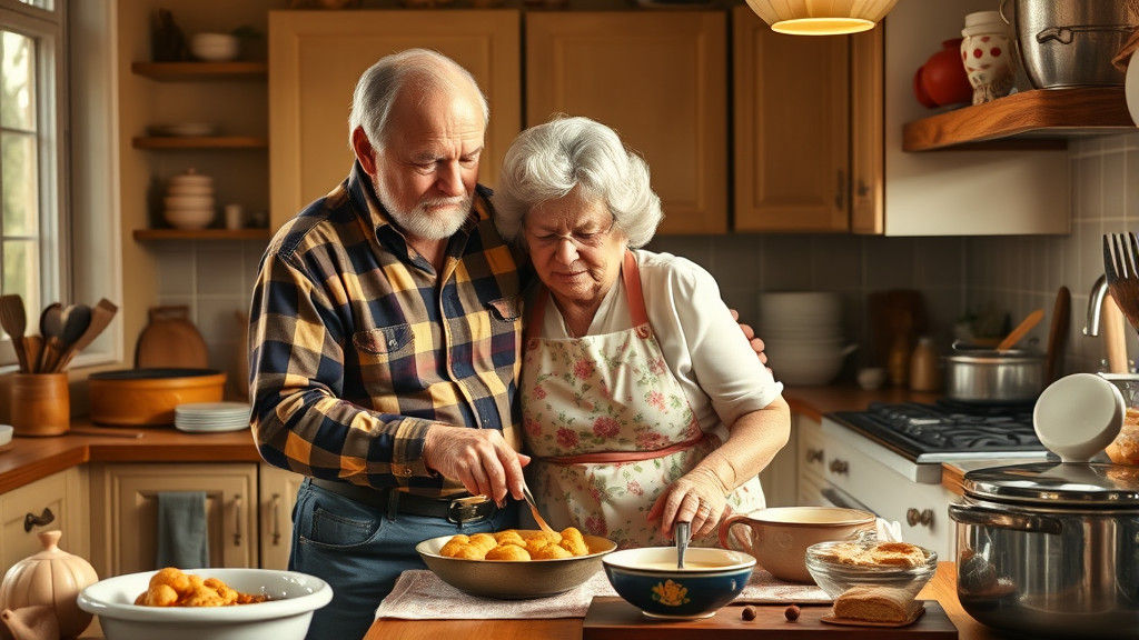 Cozy Kitchen Scene: Grandparents Cooking Together