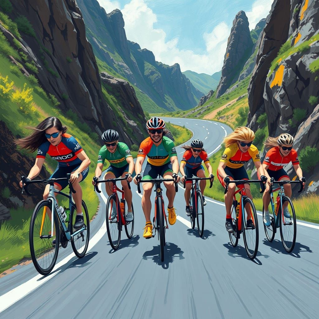 Vibrant Cyclists in Dynamic Motion on a Winding Mountain Roa...