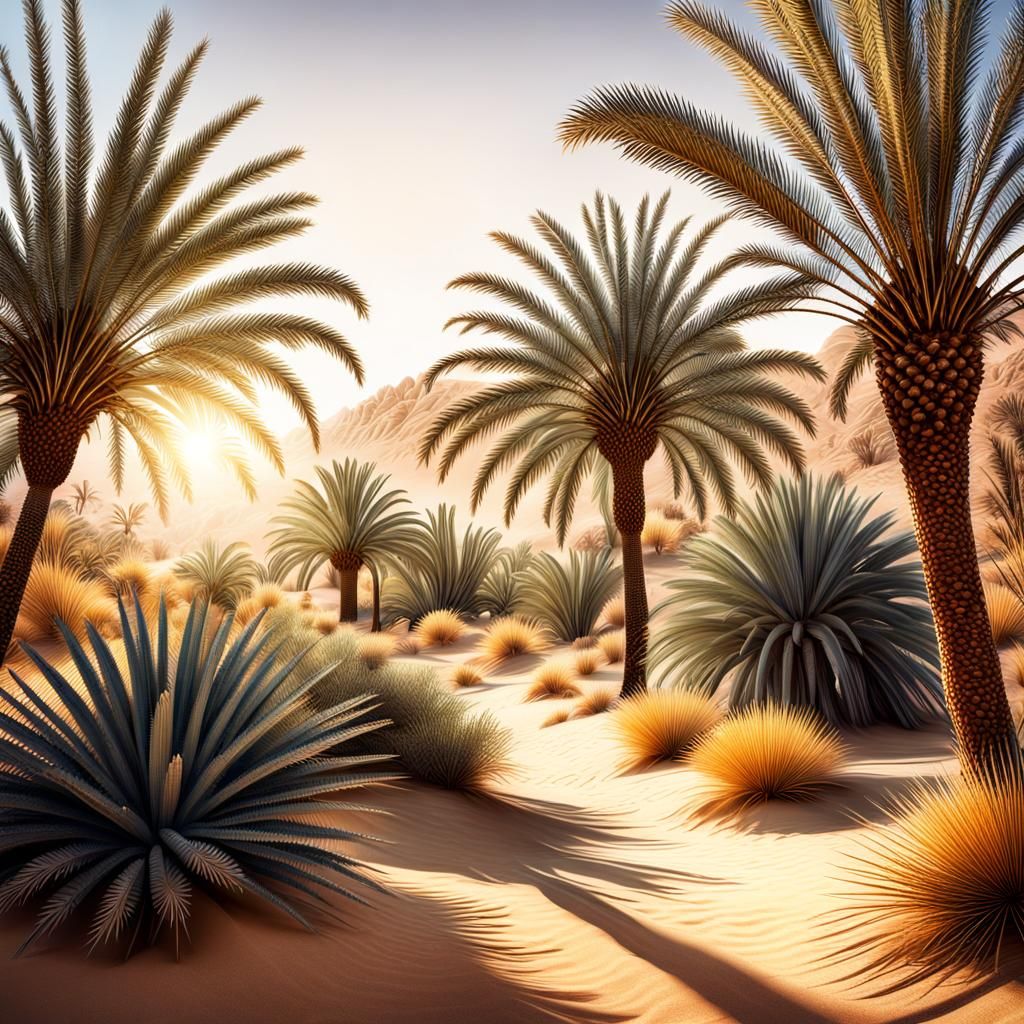 Hyperrealistic Desert Botanic Garden Landscape in Golden Lig...