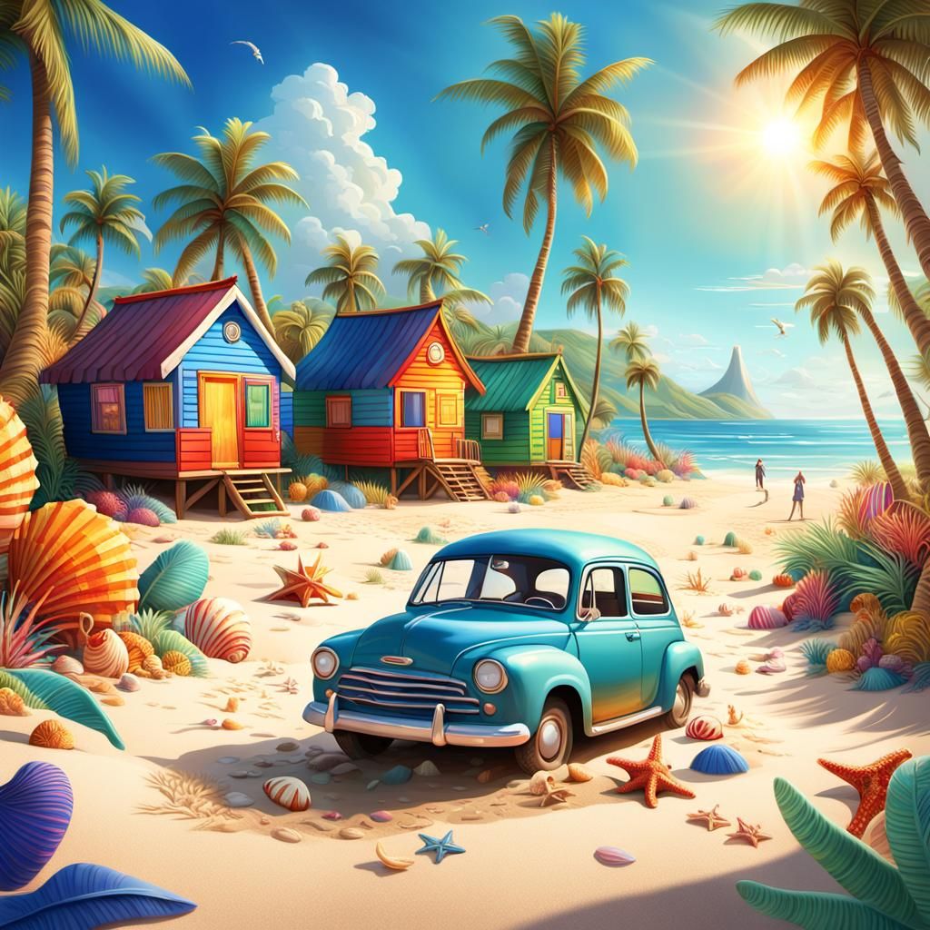 Surreal Fantasy Beach Scene in Vibrant Digital Art